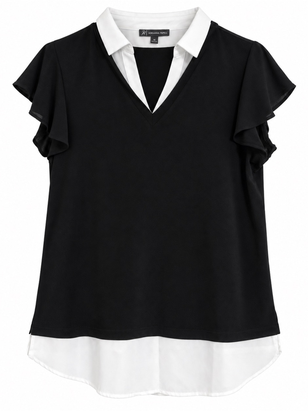 Adrianna Papell Navy and White Ruffle Sleeve Layered Top Navy color